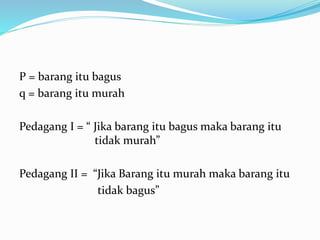 P = barang itu bagus
q = barang itu murah
Pedagang I = “ Jika barang itu bagus maka barang itu
tidak murah”
Pedagang II = “Jika Barang itu murah maka barang itu
tidak bagus”
 