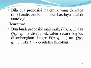 24
• Bila dua proposisi majemuk yang ekivalen
di-bikondisionalkan, maka hasilnya adalah
tautologi.
Teorema:
• Dua buah proposisi majemuk, P(p, q, ..) dan
Q(p, q, ..) disebut ekivalen secara logika,
dilambangkan dengan P(p, q, …) ⇔ Q(p,
q, …), jika P ↔ Q adalah tautologi.
 