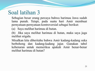 25
Soal latihan 3
Sebagian besar orang percaya bahwa harimau Jawa sudah
lama punah. Tetapi, pada suatu hari Amir membuat
pernyataan-pernyataan kontroversial sebagai berikut:
(a) Saya melihat harimau di hutan.
(b) Jika saya melihat harimau di hutan, maka saya juga
melihat srigala.
Misalkan kita diberitahu bahwa Amir kadang-kadang suka
berbohong dan kadang-kadang jujur. Gunakan tabel
kebenaran untuk memeriksa apakah Amir benar-benar
melihat harimau di hutan?
 