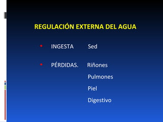 REGULACIÓN EXTERNA DEL AGUA INGESTA  Sed PÉRDIDAS.  Riñones  Pulmones Piel Digestivo 