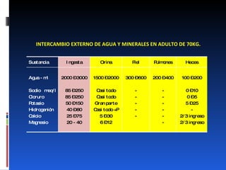 INTERCAMBIO EXTERNO DE AGUA Y MINERALES EN ADULTO DE 70KG. Sustancia Ingesta Orina Piel Pulmones Heces Agua - ml Sodio  meq/l Cloruro  Potasio  Hidrogenión Calcio  Magnesio  2000 – 3000 85 – 250 85 – 250 50 – 150 40 – 80 25 – 75 20 - 40 1500 – 2000 Casi todo Casi todo Gran parte Casi todo +P 5 – 30 6 – 12 300 – 600 - - - - - 200 – 400 - - - - - - 100 – 200 0 – 10 0 – 5 5 – 25 - 2/3 ingreso 2/3 ingreso 
