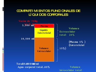 COMPARTIMIENTOS FUNCIONALES DE LÍQUIDOS CORPORALES Varón de 70Kg  60 % Peso corporal  3,500 ml  Volumen Extracelular  total:  20% 10,500 ml  (Plasma 5% )  (Intersticial 15%) 28.000 ml  Volumen  intracelular total:  (40%)  Total: 42 000 ml  Agua corporal total…60% Plasma Líquido  Intersticial Volumen  Intracelular 