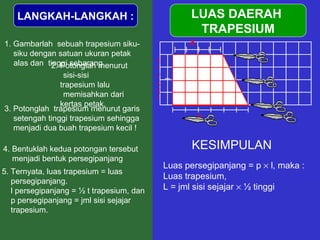 2. Potonglah menurut sisi-sisi  trapesium lalu memisahkan dari  kertas petak.  3. Potonglah  trapesium menurut garis setengah tinggi trapesium sehingga menjadi dua buah trapesium kecil !   4. Bentuklah kedua potongan tersebut menjadi bentuk persegipanjang 1. Gambarlah  sebuah trapesium siku- siku dengan satuan ukuran petak alas dan  tinggi sebarang LUAS DAERAH  TRAPESIUM LANGKAH-LANGKAH : 5. Ternyata, luas trapesium = luas  persegipanjang. l persegipanjang = ½ t trapesium, dan p persegipanjang = jml sisi sejajar trapesium. KESIMPULAN Luas persegipanjang = p    l, maka : Luas trapesium, L = jml sisi sejajar    ½ tinggi b tinggi a 