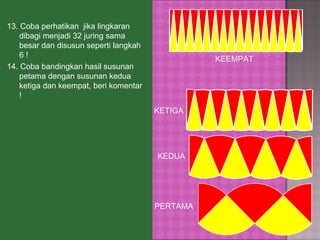 13.   Coba perhatikan  jika lingkaran dibagi menjadi 32 juring sama besar dan disusun seperti langkah 6 !  14.   Coba bandingkan hasil susunan petama dengan susunan kedua ketiga dan keempat, beri komentar !  PERTAMA KETIGA KEDUA KEEMPAT 