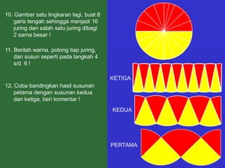 10. Gambar satu lingkaran lagi, buat 8
    garis tengah sehingga menjadi 16
    juring dan salah satu juring dibagi
    2 sama besar !

11. Berilah warna, potong tiap juring,
    dan susun seperti pada langkah 4
    s/d 6 !

                                          KETIGA
12. Coba bandingkan hasil susunan
    petama dengan susunan kedua
    dan ketiga, beri komentar !
                                          KEDUA




                                          PERTAMA
 