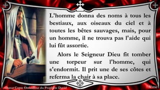 Chœur Copte Orthodoxe du Prophète DavidChœur Copte Orthodoxe du Prophète David
L'homme donna des noms à tous les
bestiaux, aux oiseaux du ciel et à
toutes les bêtes sauvages, mais, pour
un homme, il ne trouva pas l'aide qui
lui fût assortie.
Alors le Seigneur Dieu fit tomber
une torpeur sur l'homme, qui
s'endormit. Il prit une de ses côtes et
referma la chair à sa place.
9ème
 