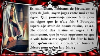 Chœur Copte Orthodoxe du Prophète DavidChœur Copte Orthodoxe du Prophète David
Et maintenant, habitants de Jérusalem et
gens de Juda, soyez juges entre moi et ma
vigne. Que pouvais-je encore faire pour
ma vigne que je n'aie fait ? Pourquoi
espérais-je avoir de beaux raisins, et a-t-
elle donné des raisins sauvages ? Et
maintenant, que je vous apprenne ce que
je vais faire à ma vigne ! En ôter la haie
pour qu'on vienne la brouter, en briser la
clôture pour qu'on la piétine ;
1ère
 
