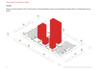 36 CADERNO REVISÃO LPUOS 13.885/04 SMDU/ DEUSO| 11.08.2014
Como pode ser aplicado na Cidade:
TO 25%
Note que neste exemplo a TO é a mesma para os lotes destacados, porém outros parâmetros podem alterar a configuração da ocu-
pação.
 