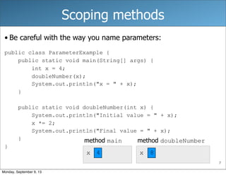 7
Scoping methods
• Be careful with the way you name parameters:
public class ParameterExample {
public static void main(String[] args) {
int x = 4;
doubleNumber(x);
System.out.println("x = " + x);
}
public static void doubleNumber(int x) {
System.out.println("Initial value = " + x);
x *= 2;
System.out.println("Final value = " + x);
}
}
method main method doubleNumber
x x4 48
Monday, September 9, 13
 