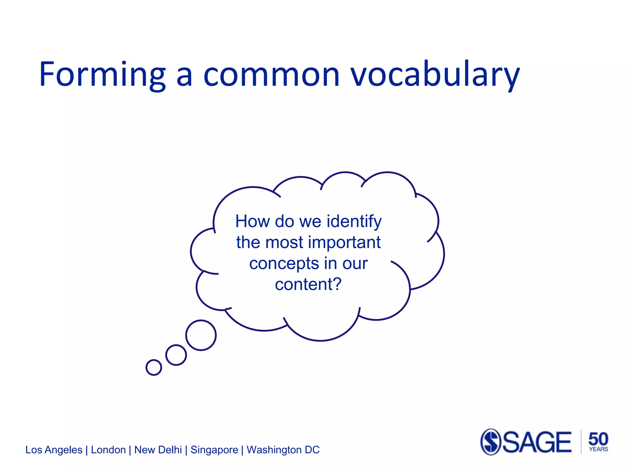 Los Angeles | London | New Delhi | Singapore | Washington DC
Forming a common vocabulary
How do we identify
the most important
concepts in our
content?
 