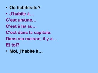 • Où habites-tu?
• J’habite à…
C’est un/une…
C’est à la/ au…
C’est dans la capitale.
Dans ma maison, il y a…
Et toi?
• Moi, j’habite à…
 