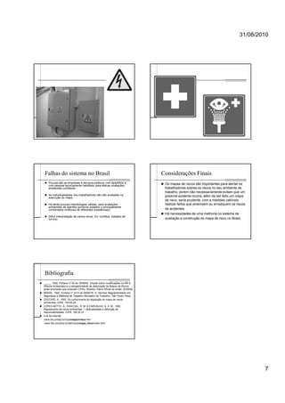 31/08/2010
7
Falhas do sistema no Brasil
Poucas são as empresas e serviços públicos com aparelhos e
com pessoal tecnicamente habilitado para efetuar avaliações
ambientais confiáveis ;
As individualidades dos trabalhadores não são avaliadas na
execução do mapa;
Há ainda poucas metodologias válidas, para avaliações
ambientais de agentes químicos isolados e principalmente
combinados (misturas de diferentes substâncias);
Difícil interpretação de certos riscos. Ex: conflitos, trabalho de
turnos)
Considerações Finais
Os mapas de riscos são importantes para alertar os
trabalhadores sobres os riscos no seu ambiente de
trabalho, porém não necessariamente evitam que um
possível acidente ocorra, além de ser feito um mapa
de risco, seria prudente, com a medidas cabíveis,
realizar feitos que amenizem ou erradiquem os riscos
de acidentes.
Há necessidades de uma melhoria no sistema de
avaliação e construção do mapa de risco no Brasil.
Bibliografia
_____, 1992. Portaria nº 05 de 18/08/92. Dispõe sobre modificações na NR-9
(Riscos Ambientais) e a obrigatoriedade de elaboração de Mapas de Riscos
pelas empresas que possuam CIPAs. Brasília: Diário Oficial da União, 20/08/92.
BRASIL, 1992. Portaria nº 3214 de 08/06/78. In: Normas Regulamentares em
Segurança e Medicina do Trabalho (Ministério de Trabalho), São Paulo; Atlas.
ZOCCHIO, A., 1993. Do cumprimento da legislação ao mapa de riscos
ambientais. CIPA, 159:28-29.
LOPES-NETTO, A.; PASCOAL, R. M. & CARVALHO, S. A. M., 1993.
Mapeamento de riscos ambientais — Aplicabilidade e definição de
responsabilidades. CIPA, 159:32-37.
Link da Internet:
www.btu.unesp.br/cipa/mapaderisco.htm
www.fea.unicamp.br/adm/cipa/mapa_risco/index.html
 