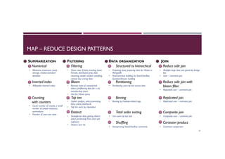 MAP – REDUCE DESIGN PATTERNS
47
SUMMARIZATION
Numerical
Inverted index
Counting
with counters
FILTERING
Filtering
Bloom
Top ten
Distinct
DATA ORGANIZATION
Structured to hierarchical
Partitioning
Binning
Total order sorting
Shuffling
JOIN
Reduce side join
Reduce side join with
bloom filter
Replicated join
Composite join
Cartesian product
•  Minimum, maximum, count,
average, median-standard
deviation
•  Wikipedia inverted index
•  Count number of records, a small
number of unique instances,
summations
•  Number of users per state
•  Remove most of nonwatched
values, prefiltering data for a set
membership check
•  Hot list, Hbase query
•  Closer view of data, tracking event
threads, distributed grep, data
cleansing, simple random sampling,
remove low scoring data
•  Outlier analysis, select interesting
data, catchy dashbords
•  Top ten users by reputation
•  Deduplicate data, getting distinct
values, protecting from inner join
explosion
•  Distinct user ids
•  Prejoining data, preparing data for Hbase or
MongoDB
•  Post/comment building for StackOverflow,
Question/Answer building
•  Partitioning users by last access date
•  Binning by Hadoop-related tags
•  Sort users by last visit
•  Anonymizing StackOverflow comments
•  Multiple large data sets joined by foreign
key
•  User – comment join
•  Reputable user – comment join
•  Replicated user – comment join
•  Composite user – comment join
•  Comment comparison
 