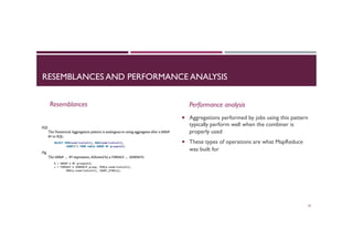 RESEMBLANCES AND PERFORMANCE ANALYSIS
Resemblances Performance analysis
¡  Aggregations performed by jobs using this pattern
typically perform well when the combiner is
properly used
¡  These types of operations are what MapReduce
was built for
50
 