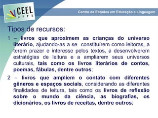 Tipos de recursos:
1 – livros que aproximem as crianças do universo
literário, ajudando-as a se constituírem como leitoras, a
terem prazer e interesse pelos textos, a desenvolverem
estratégias de leitura e a ampliarem seus universos
culturais, tais como os livros literários de contos,
poemas, fábulas, dentre outros;
2 – livros que ampliem o contato com diferentes
gêneros e espaços sociais, considerando as diferentes
finalidades de leitura, tais como os livros de reflexão
sobre o mundo da ciência, as biografias, os
dicionários, os livros de receitas, dentre outros;
 