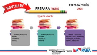 0 Ov€ R H 0 D
0
SECRETARIA
ADJUNTA DE
EDUCAÇAO
PREPARA mais
5º ANO | Professores
HISTÓRIA
GEOGRAFIA
CIÊNCIAS
9º ANO | Professores
HISTÓRIA
GEOGRAFIA
CIÊNCIAS
3ª SÉRIE | Professores
BIOLOGIA / FÍSICA /QUÍMICA /
SOCIOLOGIA /FILOSOFIA /
HISTÓRIA /GEOGRAFIA
Quem usará?
PREPARA mais |
2025
 