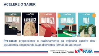 ACELERE O SABER
Proposta: proporcionar o realinhamento da trajetória escolar dos
estudantes, respeitando suas diferentes formas de aprender.
 