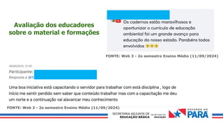 FONTE: Web 3 - 2o semestre Ensino Médio (11/09/2024)
Avaliação dos educadores
sobre o material e formações
FONTE: Web 3 - 2o semestre Ensino Médio (11/09/2024)
 