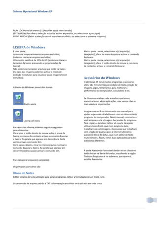 Sistema Operacional Windows XP




NUM LOCK+sinal de menos (-) (Recolher pasta seleccionada)
LEFT ARROW (Recolher a selecção actual se estiver expandida, ou seleccionar a pasta pai)
RIGHT ARROW (Exibir a selecção actual se estiver recolhida, ou seleccionar a primeira subpasta)



LIXEIRA do Windows
É uma pasta;                                                             Abrir a pasta Lixeira, seleccionar o(s) arquivo(s)
Armazena temporariamente arquivos excluídos;                             desejado(s), clicar no menu Arquivo e activar o comando
Podemos restaurar arquivos excluídos;                                    Restaurar.
O tamanho padrão é de 10% do HD (podemos alterar o                       Abrir a pasta Lixeira, seleccionar o(s) arquivo(s)
tamanho da lixeira acessando as propriedades da                          desejado(s), clicar o botão direito do mouse e, no menu
lixeira);                                                                de contexto, activar o comando Restaurar.
Não podemos manipular arquivos que estão na lixeira.
(no caso das imagens podemos activar o modo de
exibição miniaturas para visualizar quais imagens foram
excluídas);                                                              Acessórios do Windows
                                                                         O Windows XP inclui muitos programas e acessórios
                                                                         úteis. São ferramentas para edição de texto, criação de
A Lixeira do Windows possui dois ícones.                                 imagens, jogos, ferramentas para melhorar a
                                                                         performance do computador, calculadora e etc.


                                                                         Se fôssemos analisar cada acessório que temos,
                                                                         encontraríamos várias aplicações, mas vamos citar as
           Lixeira vazia                                                 mais usadas e importantes.


                                                                         Imagine que você está montando um manual para
                                                                         ajudar as pessoas a trabalharem com um determinado
                                                                         programa do computador. Neste manual, com certeza
          Lixeira com itens                                              você acrescentaria a imagem das janelas do programa.
                                                                         Para copiar as janelas e retirar só a parte desejada,
                                                                         utilizaremos o Paint, que é um programa para
Para esvaziar a lixeira podemos seguir os seguintes
                                                                         trabalharmos com imagens. As pessoas que trabalham
procedimentos:
                                                                         com criação de páginas para a Internet utilizam o
Clicar com o botão direito do mouse sobre o ícone da
                                                                         acessório Bloco de Notas, que é um editor de texto
lixeira, no menu de contexto activar o comando Esvaziar
                                                                         muito simples. Assim, vimos duas aplicações para dois
a lixeira. Na janela que aparece em decorrência desta
                                                                         acessórios diferentes.
acção activar o comando Sim.
Abrir a pasta Lixeira, clicar no menu Arquivo e activar o
comando Esvaziar a lixeira. Na janela que aparece em
decorrência desta acção activar o comando Sim.                           A pasta Acessórios é acessível dando−se um clique no
                                                                         botão Iniciar na Barra de tarefas, escolhendo a opção
                                                                         Todos os Programas e no submenu, que aparece,
Para recuperar arquivo(s) excluído(s):                                   escolha Acessórios.


Os principais acessórios são:

Bloco de Notas
Editor simples de texto utilizado para gerar programas, retirar a formatação de um texto e etc.

Sua extensão de arquivo padrão é TXT. A formatação escolhida será aplicada em todo texto.
 