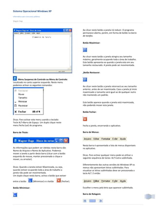 Sistema Operacional Windows XP
Informática para concursos públicos

Wagner Bugs



                                                               Ao clicar neste botão a janela irá reduzir. O programa
                                                               permanece aberto, porém, em forma de botão na barra
                                                               de tarefas.

                                                               Botão Maximizar:




                                                               Ao clicar neste botão a janela atingira seu tamanho
                                                               máximo, geralmente ocupando toda a área de trabalho.
                                                               Este botão apresenta-se quando a janela esta em seu
                                                               tamanho restaurado. A janela pode ser movimentada.


                                                               Botão Restaurar:

     Menu Suspenso de Controle ou Menu de Controle:
Localizado no canto superior esquerdo. Neste menu
podemos activar os seguintes comandos:                         Ao clicar neste botão a janela retornará ao seu tamanho
                                                               anterior, antes de ser maximizada. Caso a janela já inicie
                                                               maximizado o tamanho será igual ao de qualquer outro
                                                               não mantendo um padrão.


                                                               Este botão aparece quando a janela está maximizada,
                                                               não podendo mover esta janela.

                                                               Botão Fechar:


Dicas: Para activar este menu usando o teclado:
Tecle ALT+Barra de Espaço. Um duplo clique neste
menu fecha (sai) do programa.                                  Fecha a janela, encerrando o aplicativo.

Barra de Título:                                               Barra de Menus:




                                                               Nesta barra é apresentada a lista de menus disponíveis
As informações que podem ser obtidas nesta barra são:          no aplicativo.
Nome do Arquivo e Nome do Aplicativo. Podemos
mover a Janela a partir desta barra (clicar com o botão
                                                               Dicas: Para activar qualquer menu pode-se utilizar a
esquerdo do mouse, manter pressionado o clique e
                                                               seguinte sequência de teclas: ALT+Letra sublinhada.
mover, ou arrastar).

                                                               Diferentemente das outras versões do Windows XP os
Dicas: Quando a Janela estiver Maximizada, ou seja,            menus não apresentam letras sublinhadas. Para
quando estiver ocupando toda a área de trabalho a              visualizar as letras sublinhadas deve ser pressionada a
janela não pode ser movimentada.                               tecla ALT. E então:
Um duplo clique nesta barra, activa o botão que estiver

entre o botão            (Minimizar) e o botão     (Fechar).

Botão Minimizar:                                               Escolher o menu pela letra que aparecer sublinhada.

                                                               Barra de Rolagem:
 