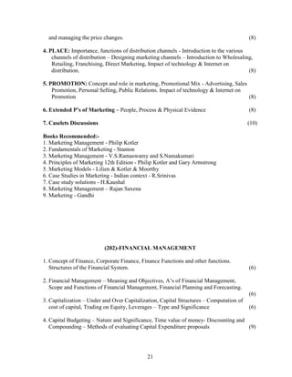 and managing the price changes.                                                        (8)

4. PLACE: Importance, functions of distribution channels - Introduction to the various
    channels of distribution – Designing marketing channels – Introduction to Wholesaling,
    Retailing, Franchising, Direct Marketing, Impact of technology & Internet on
    distribution.                                                                       (8)

5. PROMOTION: Concept and role in marketing, Promotional Mix - Advertising, Sales
    Promotion, Personal Selling, Public Relations. Impact of technology & Internet on
    Promotion                                                                         (8)

6. Extended P’s of Marketing – People, Process & Physical Evidence                       (8)

7. Caselets Discussions                                                                  (10)

Books Recommended:-
1. Marketing Management - Philip Kotler
2. Fundamentals of Marketing - Stanton
3. Marketing Management - V.S.Ramaswamy and S.Namakumari
4. Principles of Marketing 12th Edition - Philip Kotler and Gary Armstrong
5. Marketing Models - Lilien & Kotler & Moorthy
6. Case Studies in Marketing - Indian context - R.Srinivas
7. Case study solutions - H.Kaushal
8. Marketing Management – Rajan Saxena
9. Marketing - Gandhi




                          (202)-FINANCIAL MANAGEMENT

1. Concept of Finance, Corporate Finance, Finance Functions and other functions.
   Structures of the Financial System.                                                   (6)

2. Financial Management – Meaning and Objectives, A’s of Financial Management,
   Scope and Functions of Financial Management, Financial Planning and Forecasting.
                                                                                         (6)
3. Capitalization – Under and Over Capitalization, Capital Structures – Computation of
   cost of capital, Trading on Equity, Leverages – Type and Significance                 (6)

4. Capital Budgeting – Nature and Significance, Time value of money- Discounting and
   Compounding – Methods of evaluating Capital Expenditure proposals                 (9)




                                            21
 