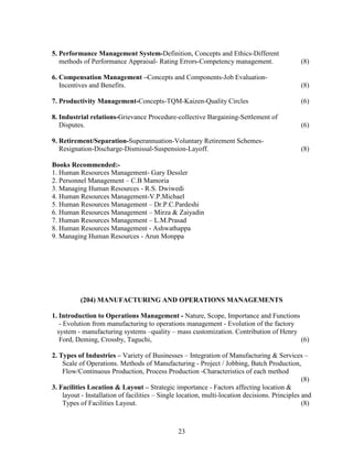 5. Performance Management System-Definition, Concepts and Ethics-Different
   methods of Performance Appraisal- Rating Errors-Competency management.                      (8)

6. Compensation Management –Concepts and Components-Job Evaluation-
   Incentives and Benefits.                                                                    (8)

7. Productivity Management-Concepts-TQM-Kaizen-Quality Circles                                 (6)

8. Industrial relations-Grievance Procedure-collective Bargaining-Settlement of
   Disputes.                                                                                   (6)

9. Retirement/Separation-Superannuation-Voluntary Retirement Schemes-
   Resignation-Discharge-Dismissal-Suspension-Layoff.                                          (8)

Books Recommended:-
1. Human Resources Management- Gary Dessler
2. Personnel Management – C.B Mamoria
3. Managing Human Resources - R.S. Dwiwedi
4. Human Resources Management-V.P.Michael
5. Human Resources Management – Dr.P.C.Pardeshi
6. Human Resources Management – Mirza & Zaiyadin
7. Human Resources Management – L.M.Prasad
8. Human Resources Management - Ashwathappa
9. Managing Human Resources - Arun Monppa




          (204) MANUFACTURING AND OPERATIONS MANAGEMENTS

1. Introduction to Operations Management - Nature, Scope, Importance and Functions
   - Evolution from manufacturing to operations management - Evolution of the factory
  system - manufacturing systems –quality – mass customization. Contribution of Henry
   Ford, Deming, Crossby, Taguchi,                                                    (6)

2. Types of Industries – Variety of Businesses – Integration of Manufacturing & Services –
    Scale of Operations. Methods of Manufacturing - Project / Jobbing, Batch Production,
    Flow/Continuous Production, Process Production -Characteristics of each method
                                                                                                (8)
3. Facilities Location & Layout – Strategic importance - Factors affecting location &
    layout - Installation of facilities – Single location, multi-location decisions. Principles and
    Types of Facilities Layout.                                                                 (8)



                                                23
 