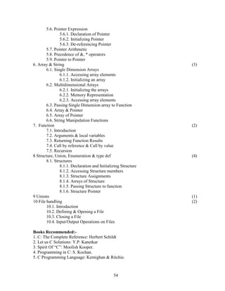 5.6. Pointer Expression
                5.6.1. Declaration of Pointer
                5.6.2. Initializing Pointer
                5.6.3. De-referencing Pointer
        5.7. Pointer Arithmetic
        5.8. Precedence of &, * operators
        5.9. Pointer to Pointer
6. Array & String                                               (3)
        6.1. Single Dimension Arrays
                6.1.1. Accessing array elements
                6.1.2. Initializing an array
        6.2. Multidimensional Arrays
                6.2.1. Initializing the arrays
                6.2.2. Memory Representation
                6.2.3. Accessing array elements
        6.3. Passing Single Dimension array to Function
        6.4. Array & Pointer
        6.5. Array of Pointer
        6.6. String Manipulation Functions
7. Function                                                     (2)
        7.1. Introduction
        7.2. Arguments & local variables
        7.3. Returning Function Results
        7.4. Call by reference & Call by value
        7.5. Recursion
8 Structure, Union, Enumeration & type def                      (4)
        8.1. Structures
                8.1.1. Declaration and Initializing Structure
                8.1.2. Accessing Structure members
                8.1.3. Structure Assignments
                8.1.4. Arrays of Structure
                8.1.5. Passing Structure to function
                8.1.6. Structure Pointer
9 Unions                                                        (1)
10 File handling                                                (2)
        10.1. Introduction
        10.2. Defining & Opening a File
        10.3. Closing a File
        10.4. Input/Output Operations on Files

Books Recommended:-
1. C: The Complete Reference: Herbert Schildt
2. Let us C Solutions: Y.P. Kanetkar
3. Spirit Of “C”: Moolish Kooper.
4. Programming in C: S. Kochan.
5. C Programming Language: Kernighan & Ritchie.



                                               54
 