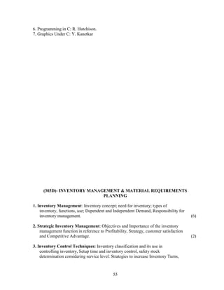 6. Programming in C: R. Hutchison.
7. Graphics Under C: Y. Kanetkar




      (303D)- INVENTORY MANAGEMENT & MATERIAL REQUIREMENTS
                             PLANNING

1. Inventory Management: Inventory concept; need for inventory; types of
    inventory, functions, use; Dependent and Independent Demand, Responsibility for
    inventory management.                                                                (6)

2. Strategic Inventory Management: Objectives and Importance of the inventory
    management function in reference to Profitability, Strategy, customer satisfaction
    and Competitive Advantage.                                                           (2)

3. Inventory Control Techniques: Inventory classification and its use in
    controlling inventory, Setup time and inventory control, safety stock
    determination considering service level. Strategies to increase Inventory Turns,



                                              55
 