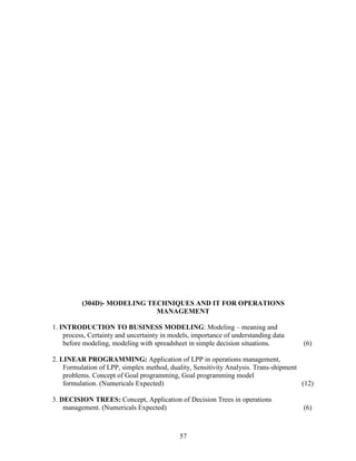 (304D)- MODELING TECHNIQUES AND IT FOR OPERATIONS
                             MANAGEMENT

1. INTRODUCTION TO BUSINESS MODELING: Modeling – meaning and
    process, Certainty and uncertainty in models, importance of understanding data
    before modeling, modeling with spreadsheet in simple decision situations.         (6)

2. LINEAR PROGRAMMING: Application of LPP in operations management,
    Formulation of LPP, simplex method, duality, Sensitivity Analysis. Trans-shipment
    problems. Concept of Goal programming, Goal programming model
    formulation. (Numericals Expected)                                                (12)

3. DECISION TREES: Concept, Application of Decision Trees in operations
    management. (Numericals Expected)                                                 (6)



                                             57
 