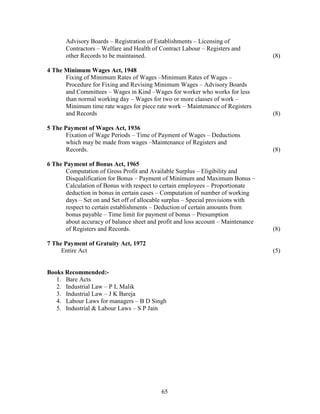 Advisory Boards – Registration of Establishments – Licensing of
       Contractors – Welfare and Health of Contract Labour – Registers and
       other Records to be maintained.                                             (8)

4 The Minimum Wages Act, 1948
      Fixing of Minimum Rates of Wages –Minimum Rates of Wages –
      Procedure for Fixing and Revising Minimum Wages – Advisory Boards
      and Committees – Wages in Kind –Wages for worker who works for less
      than normal working day – Wages for two or more classes of work –
      Minimum time rate wages for piece rate work – Maintenance of Registers
      and Records                                                                  (8)

5 The Payment of Wages Act, 1936
       Fixation of Wage Periods – Time of Payment of Wages – Deductions
       which may be made from wages –Maintenance of Registers and
       Records.                                                                    (8)

6 The Payment of Bonus Act, 1965
       Computation of Gross Profit and Available Surplus – Eligibility and
       Disqualification for Bonus – Payment of Minimum and Maximum Bonus –
       Calculation of Bonus with respect to certain employees – Proportionate
       deduction in bonus in certain cases – Computation of number of working
       days – Set on and Set off of allocable surplus – Special provisions with
       respect to certain establishments – Deduction of certain amounts from
       bonus payable – Time limit for payment of bonus – Presumption
       about accuracy of balance sheet and profit and loss account – Maintenance
       of Registers and Records.                                                   (8)

7 The Payment of Gratuity Act, 1972
     Entire Act                                                                    (5)


Books Recommended:-
   1. Bare Acts
   2. Industrial Law – P L Malik
   3. Industrial Law – J K Bareja
   4. Labour Laws for managers – B D Singh
   5. Industrial & Labour Laws – S P Jain




                                            65
 