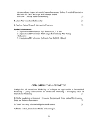 Interdependency, Appreciation and Concern Inter group: Walton, Principled Negotiation
   Structural: Sts, Work Redesign, Self-Managed Teams.
   Individual: T-Group, Behaviour Modeling                                            (6)

5. Client And Consultant Relationship                                                 (3)

6. Caselets: Action Research Intervention Exercises                                   (3)

Books Recommended:-
   1) Organisational Development By S Ramnarayan, T V Rao.
   2) Organisational Development And Change By Cummings And Worley
   (7th Edition)
   3) Organisational Development By French And Bell (6th Edition)




                        (303F)- INTERNATIONAL MARKETING

1) Objectives of International Marketing – Challenges and opportunities in International
Marketing – Quality considerations in International Marketing – Underlying forces of
International Marketing.                                                            [6]

2) Global marketing environment –Economic Environment, Socio-cultural Environment –
Legal and Statutory Framework.                                                 [8]

3) Global Marketing Information System and Research.                                  [6]

4) Market section, International Market entry strategies.



                                              70
 