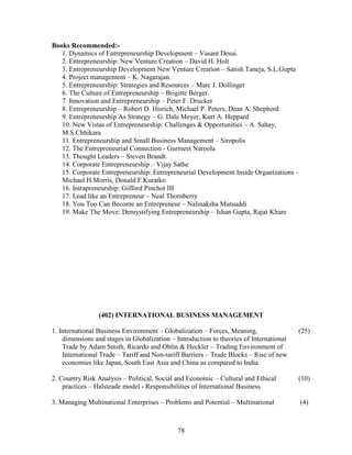 Books Recommended:-
   1. Dynamics of Entrepreneurship Development – Vasant Desai.
   2. Entrepreneurship: New Venture Creation – David H. Holt
   3. Entrepreneurship Development New Venture Creation – Satish Taneja, S.L.Gupta
   4. Project management – K. Nagarajan.
   5. Entrepreneurship: Strategies and Resources – Marc J. Dollinger
   6. The Culture of Entrepreneurship – Brigitte Berger.
   7. Innovation and Entrepreneurship – Peter F. Drucker
   8. Entrepreneurship – Robert D. Hisrich, Michael P. Peters, Dean A. Shepherd
   9. Entrepreneurship As Strategy – G. Dale Meyer, Kurt A. Heppard
   10. New Vistas of Entrepreneurship: Challenges & Opportunities – A. Sahay,
   M.S.Chhikara
   11. Entrepreneurship and Small Business Management – Siropolis
   12. The Entrepreneurial Connection - Gurmeet Naroola
   13. Thought Leaders – Steven Brandt.
   14. Corporate Entrepreneurship – Vijay Sathe
   15. Corporate Entrepreneurship: Entrepreneurial Development Inside Organizations –
   Michael H.Morris, Donald F.Kuratko
   16. Intrapreneurship: Gifford Pinchot III
   17. Lead like an Entrepreneur – Neal Thornberry
   18. You Too Can Become an Entrepreneur – Nalinaksha Mutsuddi
   19. Make The Move: Demystifying Entrepreneurship – Ishan Gupta, Rajat Khare




                 (402) INTERNATIONAL BUSINESS MANAGEMENT

1. International Business Environment – Globalization – Forces, Meaning,                 (25)
    dimensions and stages in Globalization – Introduction to theories of International
    Trade by Adam Smith, Ricardo and Ohlin & Heckler – Trading Environment of
    International Trade – Tariff and Non-tariff Barriers – Trade Blocks – Rise of new
    economies like Japan, South East Asia and China as compared to India.

2. Country Risk Analysis – Political, Social and Economic – Cultural and Ethical         (10)
    practices – Halsteade model - Responsibilities of International Business

3. Managing Multinational Enterprises – Problems and Potential – Multinational           (4)



                                             78
 
