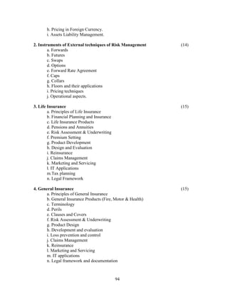 h. Pricing in Foreign Currency.
       i. Assets Liability Management.

2. Instruments of External techniques of Risk Management      (14)
        a. Forwards
        b. Futures
        c. Swaps
        d. Options
        e. Forward Rate Agreement
        f. Caps
        g. Collars
        h. Floors and their applications
        i. Pricing techniques
        j. Operational aspects.

3. Life Insurance                                             (15)
        a. Principles of Life Insurance
        b. Financial Planning and Insurance
        c. Life Insurance Products
        d. Pensions and Annuities
        e. Risk Assessment & Underwriting
        f. Premium Setting
        g. Product Development
        h. Design and Evaluation
        i. Reinsurance
        j. Claims Management
        k. Marketing and Servicing
        l. IT Applications
        m.Tax planning
        n. Legal Framework

4. General Insurance                                          (15)
       a. Principles of General Insurance
       b. General Insurance Products (Fire, Motor & Health)
       c. Terminology
       d. Perils
       e. Clauses and Covers
       f. Risk Assessment & Underwriting
       g. Product Design
       h. Development and evaluation
       i. Loss prevention and control
       j. Claims Management
       k. Reinsurance
       l. Marketing and Servicing
       m. IT applications
       n. Legal framework and documentation



                                              94
 