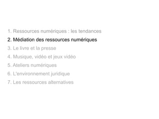 1. Ressources numériques : les tendances
2. Médiation des ressources numériques
3. Le livre et la presse
4. Musique, vidéo et jeux vidéo
5. Ateliers numériques
6. L'environnement juridique
7. Les ressources alternatives
 