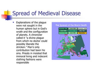 Spread of Medieval Disease Explanations of the plague were not sought in the human sphere but in God's wrath and the configuration of planets. A chronicler called it "a divine plague from which no doctor could possibly liberate the stricken." Man's only contribution had been his sins. Priests in insisted that immoral living and indecent clothing fashions were responsible 