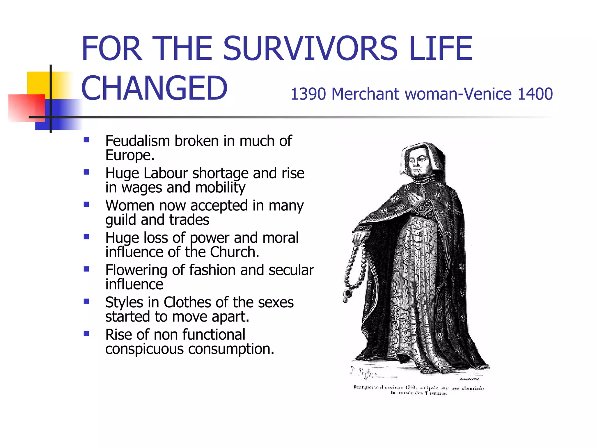 FOR THE SURVIVORS LIFE CHANGED  1390 Merchant woman-Venice 1400 Feudalism broken in much of Europe. Huge Labour shortage and rise in wages and mobility Women now accepted in many guild and trades Huge loss of power and moral influence of the Church. Flowering of fashion and secular influence Styles in Clothes of the sexes started to move apart. Rise of non functional conspicuous consumption. 