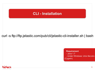 5
CLI - Installation
curl -s ftp://ftp.jelastic.com/pub/cli/jelastic-cli-installer.sh | bash
Requirement
- Java 1.7
- Under Windows: Unix like env
(Cygwin)
 