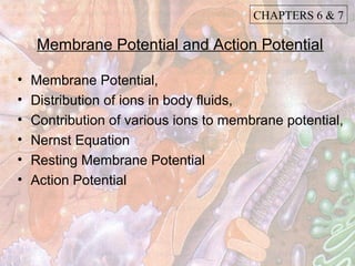 CHAPTERS 6 & 7

    Membrane Potential and Action Potential

•   Membrane Potential,
•   Distribution of ions in body fluids,
•   Contribution of various ions to membrane potential,
•   Nernst Equation
•   Resting Membrane Potential
•   Action Potential
 