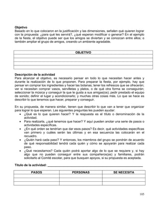 Objetivo
Basado en lo que colocaron en la justificación y las dimensiones, señalen qué quieren lograr
con la propuesta: ¿para qué les servirá?, ¿qué esperan modificar o generar? En el ejemplo
de la fiesta, el objetivo puede ser que los amigos se diviertan y se conozcan entre ellos; o
también ampliar el grupo de amigos, creando un ambiente agradable.


                                           OBJETIVO




Descripción de la actividad
Para alcanzar el objetivo, es necesario pensar en todo lo que necesitan hacer antes y
durante la realización de lo que proponen. Para preparar la fiesta, por ejemplo, hay que
pensar en comprar los ingredientes y hacer las botanas; tener los refrescos que se ofrecerán;
ver si necesitan comprar vasos, servilletas y platos, o de qué otra forma se conseguirán;
seleccionar la música y conseguir la que le gusta a sus amigas(os); pedir prestado el equipo
de sonido; definir el lugar y acondicionarlo; y muchas otras cosas más. Lo que se hace es
describir lo que tenemos que hacer, preparar y conseguir.

En su propuesta, de manera similar, tienen que describir lo que van a tener que organizar
para lograr lo que esperan. Las siguientes preguntas les pueden ayudar:
   • ¿Qué es lo que quieren hacer? Y la respuesta es el título o denominación de la
       actividad.
   • Para realizarla, ¿qué tenemos que hacer? Y aquí pueden anotar una serie de pasos o
       actividades específicas.
   • ¿En qué orden se tendrían que dar esos pasos? Es decir, qué actividades específicas
       van primero y cuáles serán las últimas y en esa secuencia las colocarán en el
       recuadro.
   • ¿Quién hará cada paso? Y entonces, los miembros del grupo se pondrán de acuerdo
       de qué responsabilidad tendrá cada quién y cómo se apoyarán para realizar cada
       paso.
   • ¿Qué necesitamos? Cada quién podrá aportar algo de lo que se requiere y, si hay
       algo que no pueden conseguir entre sus compañeros(as) y familiares, podrán
       solicitarlo al Comité escolar, para que busquen apoyos, si su propuesta es aceptada.

Título de la actividad: _______________________________________________________

           PASOS                         PERSONAS                     SE NECESITA




                                                                                         105
 