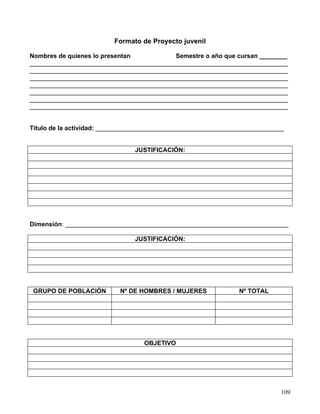 Formato de Proyecto juvenil

Nombres de quienes lo presentan           Semestre o año que cursan ________
__________________________________________________________________________
__________________________________________________________________________
__________________________________________________________________________
__________________________________________________________________________
__________________________________________________________________________
__________________________________________________________________________
__________________________________________________________________________


Título de la actividad: ______________________________________________________


                                JUSTIFICACIÓN:




Dimensión: ________________________________________________________________

                                JUSTIFICACIÓN:




 GRUPO DE POBLACIÓN        Nº DE HOMBRES / MUJERES              Nº TOTAL




                                   OBJETIVO




                                                                             109
 