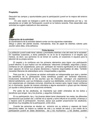 Propósito:

Descubrir los campos y oportunidades para la participación juvenil en la mejora del entorno
escolar.
       En esta sesión se trabajará a partir de las necesidades descubiertas por las y los
estudiantes en el taller de Participación Juvenil en la historia reciente. Para desarrollar esta
actividad se sugiere realizarla en dos sesiones.




Preparación de la actividad:
El coordinador/a de la actividad deberá contar con los siguientes materiales:
Dibujo o plano del plantel escolar, marcadores, tiras de papel de distintos colores para
escribir sobre ellas, cinta adhesiva.

                                        Ficha técnica
La población juvenil suele tener valores y prioridades distintas a las del resto de la sociedad.
En repetidas ocasiones, a dicha población no se le da la importancia ni el respeto que
merece, es decir, sus opiniones no se toman en cuenta, en ocasiones ni siquiera para la
elección de su propia carrera.
     El respeto y la confianza son los primeros elementos para lograr una participación
juvenil efectiva, lo que implica con los adultos/as: relaciones confiables, seguridad y apoyo,
confianza en ser aceptados/as, para que participen de manera significativa en la sociedad,
sean capaces de tomar sus propias decisiones y hacerse responsables de ellas. También
necesitan liberarse de estereotipos como: irresponsables y egoístas.
      Para que las y los jóvenes se sientan motivados es indispensable que vean y sientan
los beneficios de su participación. Estos beneficios pueden ser: fomentar relaciones,
involucrarse directamente en los asuntos que les interesan, conseguir una experiencia
laboral satisfactoria, usar sus fortalezas y superar sus debilidades, convivir con otros jóvenes
con experiencias y/o intereses comunes, divertirse de manera sana, lograr mayor confianza
en sí mismos/as, ayudar de manera voluntaria a alguna asociación o grupo que les interese
y/o ayudar a otros jóvenes en situaciones similares.
    Por parte de los adultos/as, es importante que estén enterados de los éxitos y
beneficios que tengan las y los jóvenes, y seguirlos motivando
     En su participación, las y los jóvenes deben tener claramente: las metas, las diferentes
aportaciones que pueden dar, a dónde irá su aporte y cómo influirá en el cambio, el tiempo y/
o espacio para la participación, recursos, apoyo que pueden proporcionar los adultos/as,
beneficios muy tangibles de la participación, entre otros.
      Cuando las personas se sienten en armonía con su entorno y capaces de hacer
elecciones reales, se mejora su calidad de vida y su estado de salud; y por medio de la
participación juvenil en estas decisiones, las y los muchachos y los adultos, pueden


                                                                                             21
 