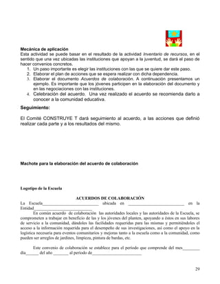 Mecánica de aplicación
Esta actividad se puede basar en el resultado de la actividad Inventario de recursos, en el
sentido que una vez ubicadas las instituciones que apoyan a la juventud, se dará el paso de
hacer convenios concretos.
   1. Un paso importante es elegir las instituciones con las que se quiere dar este paso.
   2. Elaborar el plan de acciones que se espera realizar con dicha dependencia.
   3. Elaborar el documento Acuerdos de colaboración. A continuación presentamos un
       ejemplo. Es importante que los jóvenes participen en la elaboración del documento y
       en las negociaciones con las instituciones.
   4. Celebración del acuerdo. Una vez realizado el acuerdo se recomienda darlo a
       conocer a la comunidad educativa.
Seguimiento:

El Comité CONSTRUYE T dará seguimiento al acuerdo, a las acciones que definió
realizar cada parte y a los resultados del mismo.




Machote para la elaboración del acuerdo de colaboración




Logotipo de la Escuela

                                 ACUERDOS DE COLABORACIÓN
La Escuela__________________________ ubicada en __________________________ en la
Entidad___________________________
        En común acuerdo de colaboración las autoridades locales y las autoridades de la Escuela, se
comprometen a trabajar en beneficio de las y los jóvenes del planten, apoyando a éstos en sus labores
de servicio a la comunidad, dándoles las facilidades requeridas para las mismas y permitiéndoles el
acceso a la información requerida para el desempeño de sus investigaciones, así como el apoyo en la
logística necesaria para eventos comunitarios y mejoras tanto a la escuela como a la comunidad, como
pueden ser arreglos de jardines, limpieza, pintura de bardas, etc.

      Este convenio de colaboración se establece para el período que comprende del mes________
día______ del año _______ al período de_______________________


                                                                                                  29
 