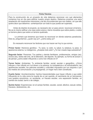 Ficha Técnica
Para la construcción de un proyecto de vida debemos reconocer con qué elementos
contamos hoy en día para edificar nuestro propio destino. Debemos propiciar una sana
aceptación de nosotros/as mismos/as y de las circunstancias que nos rodean, sin que ello
quiera decir que debamos contemporizar con todo lo que pueda ser superado.

      Antes de diseñar el proyecto, es necesario dar un paso previo: reconocer el terreno.
No es lo mismo edificar una casa sobre arena o tierra movediza que sobre piedra, o sobre
un terreno plano que sobre un terreno quebrado.

       Lo primero que tenemos que hacer es reconocer en dónde estamos parados/as.
Esto es, preguntarnos: ¿quién soy yo?, ¿cómo estoy yo?

     Es necesario reconocer los factores que nos hacen ser hoy lo que somos.

Primer factor: Herencia genética : Tu sexo, tu color, tu salud, tu estatura, tu peso, tu
apariencia externa, tu inteligencia. ¿Aceptas todo esto? ¿Te han creado baja autoestima?

Segundo factor: Personas: Tus padres y demás familiares, profesores/as, amigos (as),
novios (as), ídolos del cine, de la televisión, del deporte. Su ejemplo, su forma de actuar o
de pensar ¿cómo están influyendo o como han influido en ti?

Tercer factor: Ambientes: Tu ambiente familiar, social, escolar o geográfico. ¿Cómo
influyen o han influido en ti el dinero o la pobreza, la competencia o el individualismo, las
apariencias sociales, los patrones sociales y culturales impuestos por tus mayores o por
los medios de comunicación y la propaganda, un hogar mal o bien constituido.

Cuarto factor: Acontecimientos: hechos trascendentales que hayan influido o que estén
influyendo en tu vida como la muerte de un ser querido, el nacimiento de un hermano/a,
una quiebra económica, un accidente, un fracaso escolar, una separación familiar, un
cambio de ciudad, barrio o de colegio.

Quinto factor: Experiencias: en el campo familiar, escolar, social, afectivo, sexual, éxitos,
fracasos, desilusiones, etc.




                                                                                                38
 