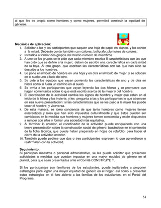 al que les es propio como hombres y como mujeres, permitirá construir la equidad de
géneros.




Mecánica de aplicación:
  1. Solicitar a las y los participantes que saquen una hoja de papel en blanco, y las corten
      a la mitad. Deberán contar también con colores, bolígrafo, plumones de colores.
  2. Invitarlos a formar dos grupos del mismo número de miembros.
  3. A uno de los grupos se le pide que cada miembro escriba 5 características con las que
      han oído que se define a la mujer; deben de escribir una característica en cada mitad
      de la hoja. Al otro grupo, que escriban las características con las que han oído se
      describe a los hombres.
  4. Se pone el símbolo de hombre en una hoja y en otra el símbolo de mujer, y se colocan
      en el suelo uno a lado del otro.
  5. Se pide a los equipos que vayan poniendo las características de uno y de otra en
      hilera como si fuera un camino en el suelo
  6. Se invita a los participantes que vayan leyendo las dos hileras y se promueve que
      hagan comentarios sobre lo que está escrito acerca de la mujer y del hombre.
  7. El coordinador de la actividad cambia los signos de hombre y mujer que están en el
      inicio de la hilera y los invierte, y les pregunta a las y los participantes lo que observan
      en esa nueva presentación: si las características que se les puso a la mujer las puede
      tener el hombre y viceversa.
  8. De esta manera, se toma conciencia de que tanto hombres como mujeres tienen
      estereotipos y roles que han sido impuestos culturalmente y que éstos pueden ser
      cambiados en la medida que hombres y mujeres tomen conciencia y estén dispuestos
      a romper con ellos y formar una sociedad más equitativa.
  9. Al terminar lo anterior, el coordinador de la actividad puede enriquecerla con una
      breve presentación sobre la construcción social de género, basándose en el contenido
      de la ficha técnica, que puede haber preparado en hojas de rotafolio, para hacer el
      cierre de la actividad anterior.
  10. También puede pedirse que dos o tres participantes expresen lo que aprendieron o
      reafirmaron con la actividad.

   Seguimiento:
   Si participan maestros o personal administrativo, se les puede solicitar que presenten
   actividades o medidas que puedan impactar en una mayor equidad de género en el
   plantel, para que sean presentadas ante el Comité CONSTRUYE T.

   Si los participantes son familiares de los estudiantes, puede invitárseles a proponer
   estrategias para lograr una mayor equidad de género en el hogar, así como a presentar
   estas estrategias en el foro abierto a las familias de los estudiantes, en el Portal del
   Programa.




                                                                                               54
 