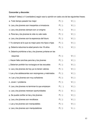 Concordar y discordar.

Señala F (falso) o V (verdadero) según sea tu opinión en cada una de las siguientes frases:

a. Todo tiempo pasado fue mejor                             F( )          V( )

b. Las y los jóvenes son inexpertos e inmaduros             F( )          V( )

c. Las y los jóvenes siempre son un enigma                  F( )          V( )

d. Para las y los jóvenes la vida no vale nada              F( )          V( )

e. Las y los jóvenes son la esperanza del futuro            F( )          V( )

f. Yo siempre sé lo que es mejor para mis hijos e hijas     F( )          V( )

g. Debería reducirse la edad penal a los 16 años            F( )          V( )

h. Debería prohibirse a las y los jóvenes juntarse en las

   esquinas                                                 F( )          V( )

i. Hacen falta canchas para las y los jóvenes               F( )          V( )

j. Deberían prohibir los noviazgos en las escuelas          F( )          V( )

k. Las y los jóvenes de hoy ya no tienen valores            F( )          V( )

l. Las y los adolescentes son rezongones y malcriados       F( )          V( )

m. Las y los jóvenes son muy soñadores                      F( )          V( )

n. Joven = problema                                         F( )          V( )

ñ. Las y los jóvenes no terminan lo que empiezan            F( )          V( )

o. Las y los jóvenes merecen oportunidades                  F( )          V( )

p. Se puede confiar en las y los jóvenes                    F( )          V( )

q. Las y los jóvenes son revoltosos                         F( )          V( )

r. Las y los jóvenes son manipulables                       F( )          V( )

s. Las y los jóvenes son manipuladores                      F( )         V( )




                                                                                          83
 