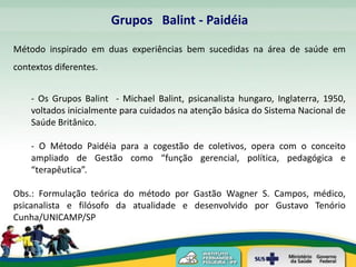 Grupos Balint - Paidéia

Método inspirado em duas experiências bem sucedidas na área de saúde em
contextos diferentes.


    - Os Grupos Balint - Michael Balint, psicanalista hungaro, Inglaterra, 1950,
    voltados inicialmente para cuidados na atenção básica do Sistema Nacional de
    Saúde Britânico.

    - O Método Paidéia para a cogestão de coletivos, opera com o conceito
    ampliado de Gestão como “função gerencial, política, pedagógica e
    “terapêutica”.

Obs.: Formulação teórica do método por Gastão Wagner S. Campos, médico,
psicanalista e filósofo da atualidade e desenvolvido por Gustavo Tenório
Cunha/UNICAMP/SP
 