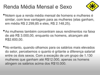 Renda Média Mensal e Sexo
•Notem que a renda média mensal de homens e mulheres é
similar, com leve vantagem para as mulheres (elas ganham,
em média R$ 2.299,85 e eles, R$ 2.148,25).
•As mulheres também concentram seus rendimentos na faixa
de até R$ 3.000,00, enquanto os homens, alcançam até
R$2.600,00.
•No entanto, quando olhamos para os salários mais elevados
do setor, percebemos o quanto é gritante a diferença salarial
entre os dois sexos. Com a exceção de um grupo de 1.130
mulheres que ganham até R$12.000, apenas os homens
atingem os salários acima dos R$10.000.
 