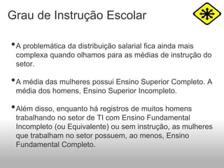 Grau de Instrução Escolar
•A problemática da distribuição salarial fica ainda mais
complexa quando olhamos para as médias de instrução do
setor.
•A média das mulheres possui Ensino Superior Completo. A
média dos homens, Ensino Superior Incompleto.
•Além disso, enquanto há registros de muitos homens
trabalhando no setor de TI com Ensino Fundamental
Incompleto (ou Equivalente) ou sem instrução, as mulheres
que trabalham no setor possuem, ao menos, Ensino
Fundamental Completo.
 