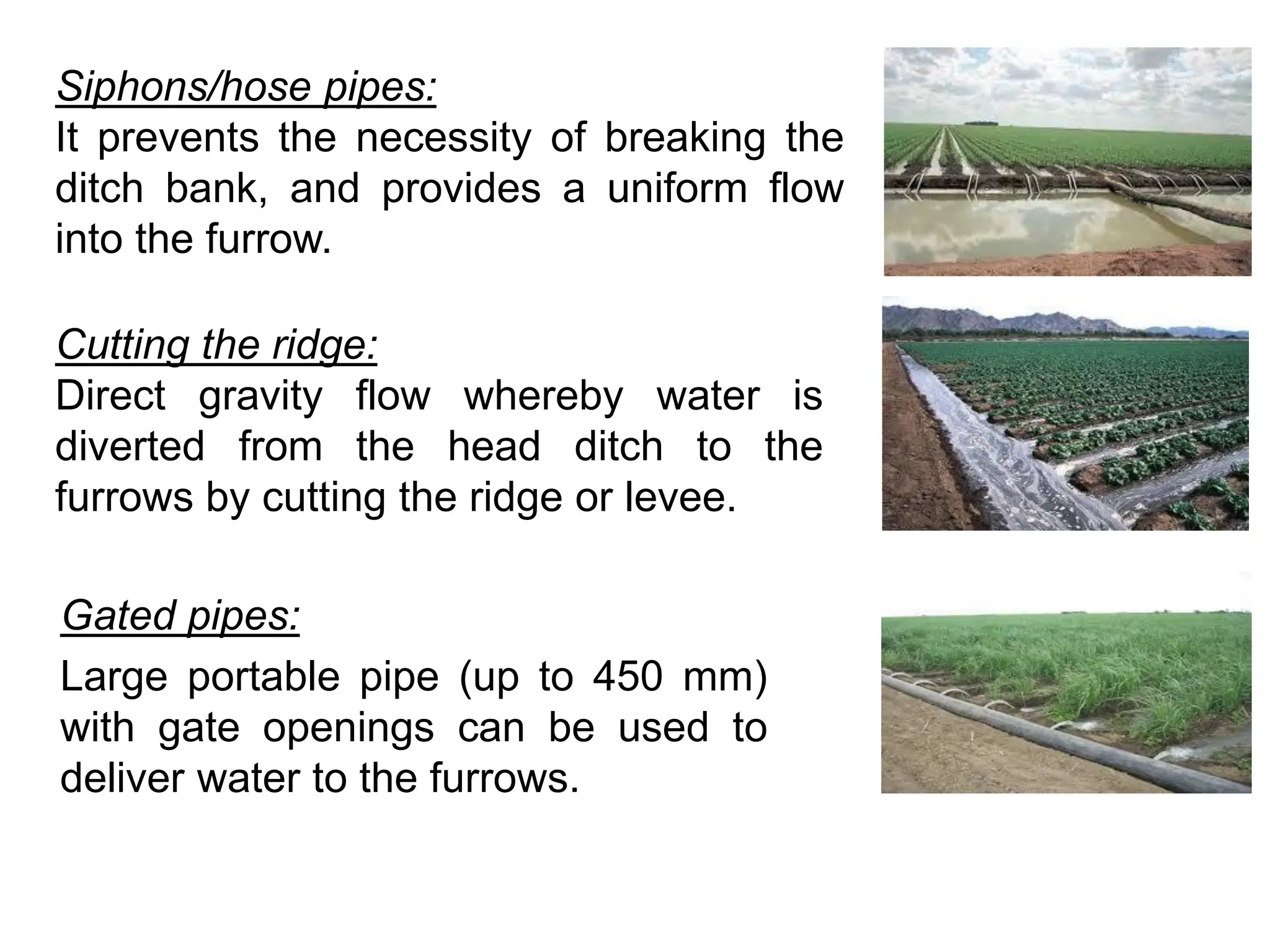 Siphons/hose pipes:
It prevents the necessity of breaking the
ditch bank, and provides a uniform flow
into the furrow.
Cutting the ridge:
Direct gravity flow whereby water is
diverted from the head ditch to the
furrows by cutting the ridge or levee.
Gated pipes:
Large portable pipe (up to 450 mm)
with gate openings can be used to
deliver water to the furrows.
 