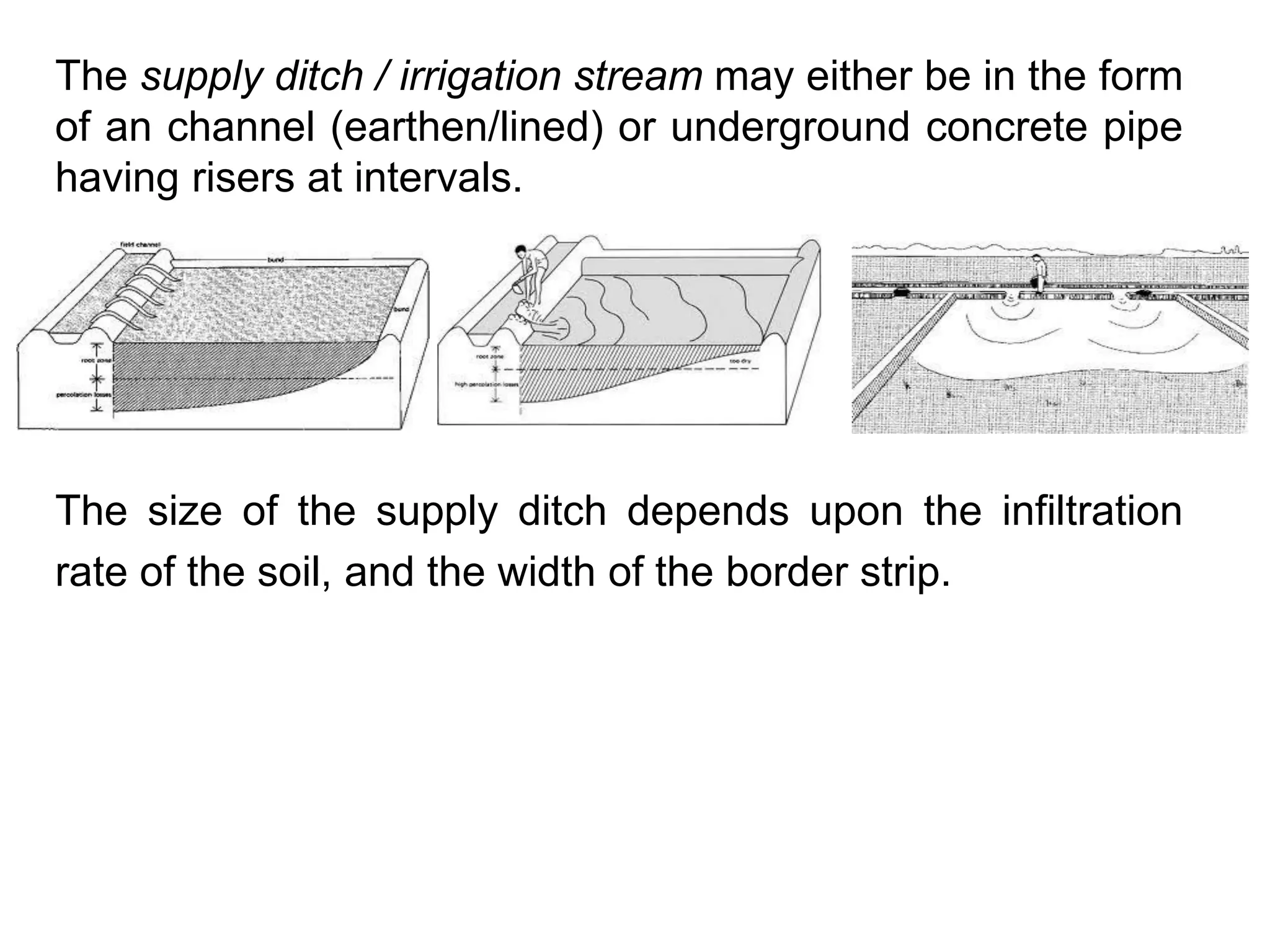 The supply ditch / irrigation stream may either be in the form
of an channel (earthen/lined) or underground concrete pipe
having risers at intervals.
The size of the supply ditch depends upon the infiltration
rate of the soil, and the width of the border strip.
 